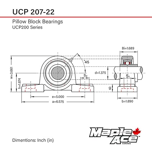 MAPLE ACE UCP207-22 Pillow Block Bearing 1-3/8' Bore, 2-Bolt, Self-Aligning, R3 Triple Lip Seal, Heavy Duty (Qty 2) - Poueer