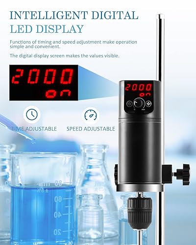 Electric Overhead Stirrer Max.40L LCD Digital Lab Mixer 10000mPa.s Time and Speed Adjustable Stirring Rod Included 100-2000RPM 120W - Poueer
