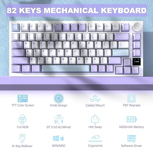 ATTACK SHARK X820ULTRA Wireless Gaming Mechanical Keyboard with TFT Smart Display&Knob,Side Printed PBT,Gasket Mounted 75% TKL Keyboard,BT5.0/2.4GHz/USB-C,RGB Backlit（White Contour,Shark Switch - Poueer
