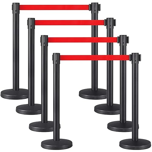 Yaheetech 4-Pack Stanchion Post Rope Barriers - Heavy Duty Black Crowd Control Stanchions 36-Inch Height with 6.5 Feet Red Retractable Belt Easy Connect Assembly - Poueer