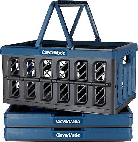 CleverMade Collapsible Shopping Basket, Ocean, 3PK - 24L (6 Gal) Reusable Plastic Grocery Shopping Baskets, Holds 25lbs Per Basket - Small Foldable Storage Crates with Handles - Poueer