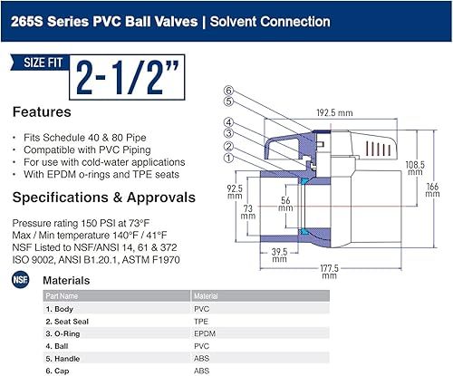 Midline Valve 487T400 PVC Ball Valve; Blue T-Handle for Potable Water; 4 in. Solvent Connections; White Plastic - Poueer