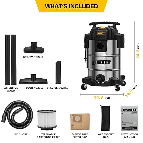 DEWALT DXV08S 8 Gallon Wet/Dry Vacuum, 4 Peak HP Shop Vacuum, Stainless Steel Tank, Silver - Poueer