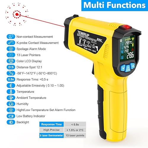 Infrared Thermometer Gun, TEMIRUP Non Contact Digital Laser Temperature Gun with K-Probe for Industrial, Cooking, Griddle,Engine, HVAC, Humidity,Adjustable Emissivity -58°F to 1472°F(-50~800°C) - Poueer
