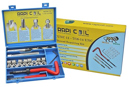 7/16-14 UNC Thread Repair Helicoil Kit, HSS M2 Tap & Drill, SS 304 Wire Inserts - Made in India - Poueer