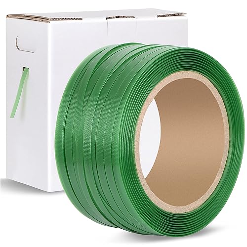 Heavy Duty Packaging Strapping Banding Roll - Green Polyester PET Industrial-Grade, 1000' x 5/8' x 0.035' Pallet Strap Coil - 1400 lbs Break Strength, Rust-Resistant with Self Dispensing Box Kit - Poueer