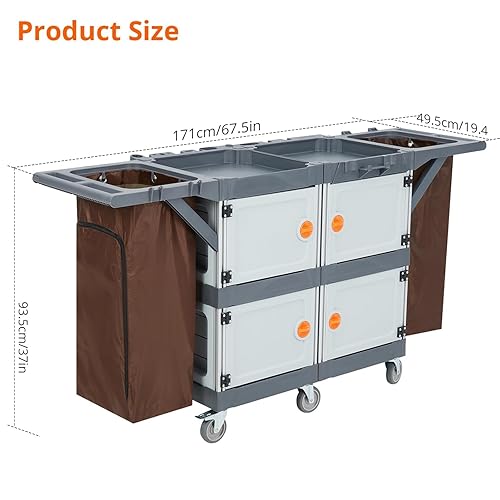 Commercial Janitorial Cart with 4 Cabinet, Hotel Cart Housekeeping Room Service Cart Hand Push Utility Cart with Wheels, Cleaning Cart with Wheels and Large Capacity Vinyl Bag, Housekeeping Carts - Poueer