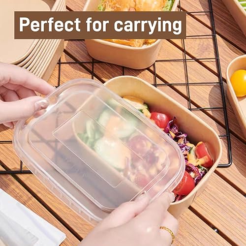 Paper Food Containers with Lids [50 pack] 35 oz Kraft Paper Meal Prep Containers with Lids, Microwavable and Freezer Storage Use Cardboard Food Containers, Disposable Take Out Containers - Poueer