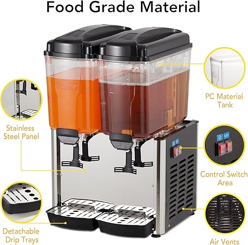 Commercial Beverage Dispenser, 1 Tank 4.8 Gal Stainless Steel Cold Drink Dispenser With 46°F-59°F Cooling Temperature, Large Cold Juice Dispenser for Home and Hospitality - Poueer