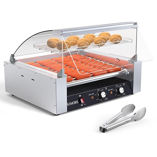 7-Roller Hot Dog Roller Machine with Dual Temperature Control, Holds 18 Hot Dogs, Non-Stick & Stainless Steel, LED Light, for Parties, Events & Food Stalls 1050W - Poueer