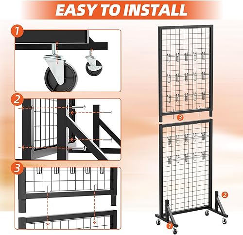2' x 6' T Base Grid Wall Panels, 2 Pack Gridwall Panel Display Stand with Wheel, Heavy Duty Metal Grid Wall Panel with 50 Hooks, Two-Double Grid Wall Panel Display for Art Craft Display - Poueer
