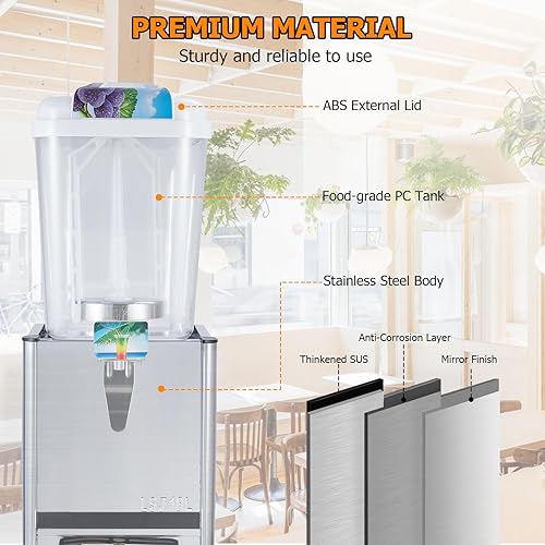 Commercial Beverage Dispenser, 1 Tank 18 L / 4.75 GAL Per Tank Juice Dispenser,180W Stainless Steel Ice Tea Drink Machine with 45°F-54°F Cooling Temperature, for Cold Drink Restaurant Bar Party - Poueer