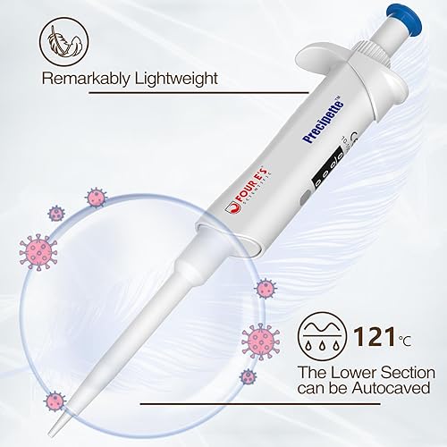 4E's USA Pipette with 200µL Tips 96 Pieces Racked, 10-100µL ISO Calibrated Adjustable Single Channel Pipettes - Poueer
