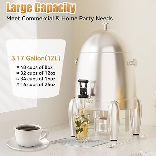 Commercial Beverage Dispenser with Stand, 3 Gallon Stainless Steel Cold and Hot Water Drink Dispenser, Heating Chafer Coffee Urn with Spigot for Coffer Tea Serving on Parties, Events, Catering - Poueer