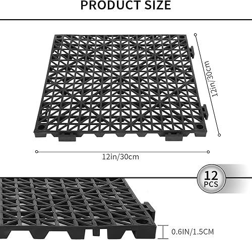50 Packs Interlocking Drainage Tiles, 12' x 12' Interlocking Floor Tiles, Non-Slip Joints Drainage Tiles Outdoor with Non-Slip Foot Interlocking Drainage Mat, Black - Poueer