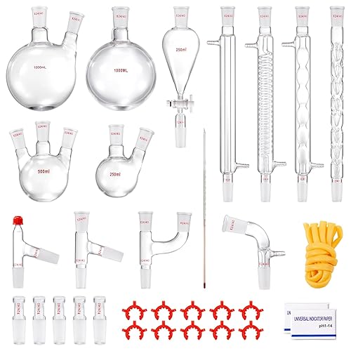 VEVOR Lab Distillation Kit, 3.3 Boro Lab Glassware Distillation Kit with 24, 40 Joint, 1000ml Essential Oil Distillation Apparatus Kit, 32 pcs Set of Glassware Equipment - Poueer