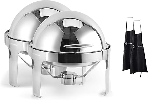 2 Pack 6 QT Round Roll Top Chafing Dish Chafer, Stainless Steel, Each Set Includes Food Pan, Water Pan, Fuel Holder, and Apron- Durable, shiny silver, keeps food warm in catered events - Poueer