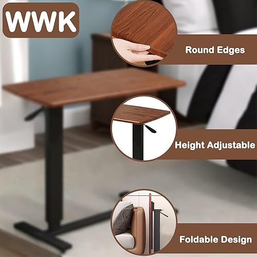 Adjustable Overbed Table with Hidden Wheels for Hospital and Home Use, Rolling Laptop Standing Desk with Wood Tabletop, Hospital Bed Table, Walnut - Poueer