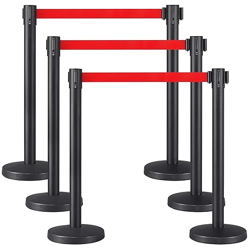 Yaheetech 4-Pack Stanchion Post Rope Barriers - Heavy Duty Black Crowd Control Stanchions 36-Inch Height with 6.5 Feet Red Retractable Belt Easy Connect Assembly - Poueer