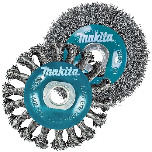 Makita 2 Piece - 4 Inch Crimped & Twist Wire Wheel Brush Set for 4.5' Grinders - Complete Conditioning for Metal - 4' x 5/8-Inch | 11 UNC - Poueer