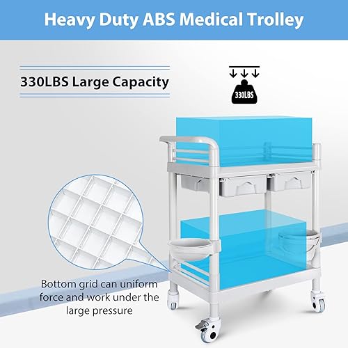 Mobile Medical Cart, 2 Tier Trolley 330 Lbs, with 2 Drawers Carts, Beauty Salon Rolling Trolley with Dirt Buckets, 360° Rotate Wheels, Heavy Duty Medical Utility Cart for Hospital Dental Clinic - Poueer