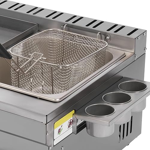 Gas Griddle, 6L/1.59Gal Stainless Steel Griddle & Deep Fryer Combo Gas Deep Fryer Gas Grill Griddle with Oil Draining Basket, Lid & 3 Spice Boxes, Commercial Griddle with Fryer for RV, Camping - Poueer