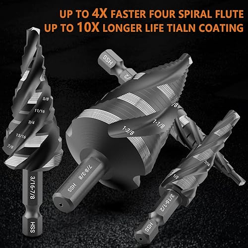 MABLEVI 5 Pcs Four Spiral Flute Step Drill Bit Set, 1/8'-1-3/8' HSS Unibit Step Drill Bit, 1/4' and 3/8' Shank Step Bit for Metal, Stainless Steel, Aluminum, Wood, Plastic - Poueer