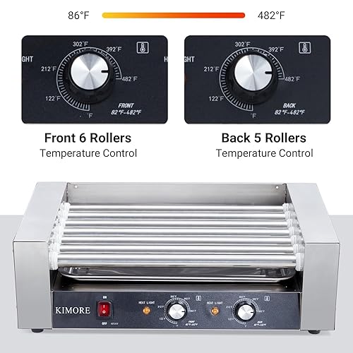 7-Roller Hot Dog Roller Machine with Dual Temperature Control, Holds 18 Hot Dogs, Non-Stick & Stainless Steel, LED Light, for Parties, Events & Food Stalls 1050W - Poueer