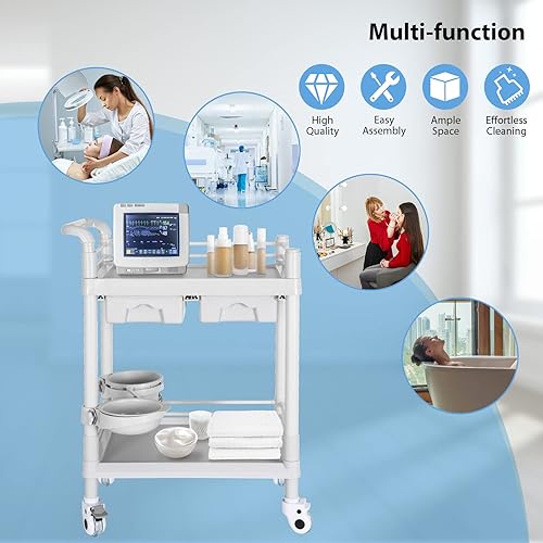 Mobile Medical Cart, 2 Tier Trolley 330 Lbs, with 2 Drawers Carts, Beauty Salon Rolling Trolley with Dirt Buckets, 360° Rotate Wheels, Heavy Duty Medical Utility Cart for Hospital Dental Clinic - Poueer
