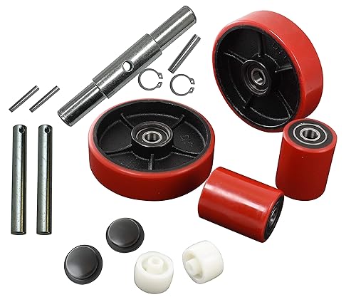Pallet Jack/Truck Full Set with Axles, Steering Wheels 7'x 2' Pair with Front Load Roller 3' x 3.75' Pair with Bearings ID 20mm Poly Tread Red with Entry Exit Roller and Protective Caps - Poueer