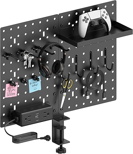 CCCEI Desk Organizer and Storage Pegboard with Charging Station, Gaming Standing Office Supplies Shelf Accessorie, Black Desktop Clamp Peg Board Privacy Organization Panel. Gifts for Men, 10FT. - Poueer