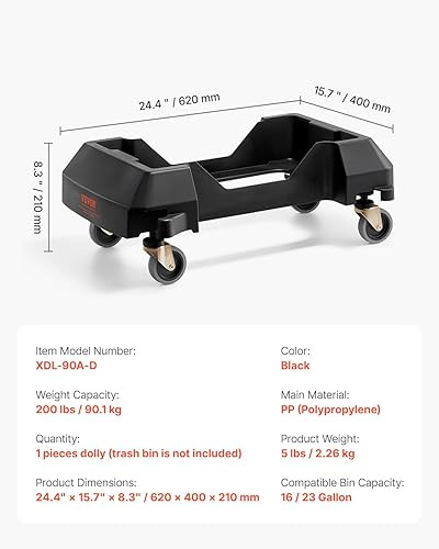 VEVOR Trash Can Dolly, Fit 16/23 Gallon Containers, Slim Trash Can Roller Base with 4 Swivel Wheels, 200lbs Weight Capacity, Smooth & Quiet Rolling Plastic Bin Dolly - Poueer
