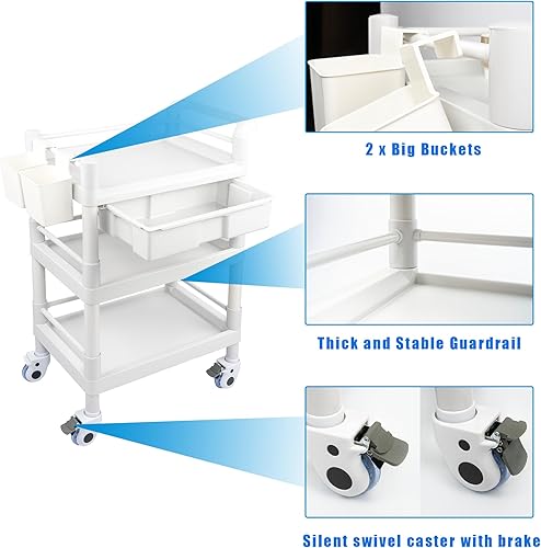 Medical Mobile Trolley Cart 3 Tier 500 Lbs Spacious Beauty Salon Rolling Trolley with Dirt Buckets Drawers 360°Rotate Wheels Heavy Duty Medical Utility Cart for Hospital Dental Clinic - Poueer