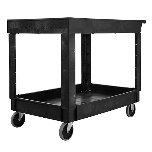 Rubbermaid Commercial Products 2-Shelf Service/Utility Cart with Wheels, 300-Pound Capacity, Black, Lipped Shelves with Handle, Use in School/Restaurant/Warehouse/Manufacturing - Poueer