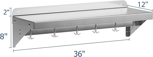 12' x 36' NSF Certified Stainless Steel Wall Mount Shelf - Multifunctional Metal Storage Rack with Backsplash and 6 Hooks - Poueer