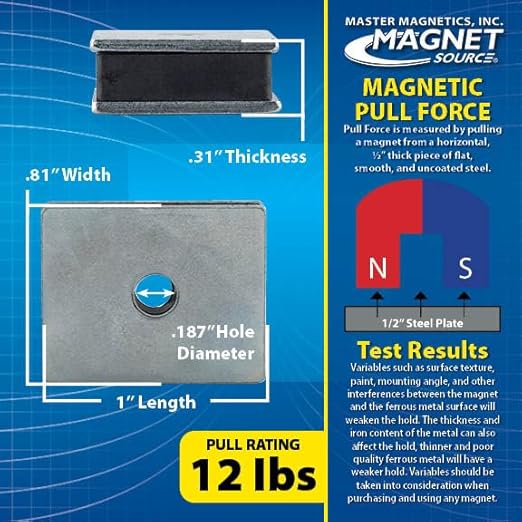 Master Magnetics Ceramic Latch Magnet Assemblies - Rectangular with Center Hole, Zinc Plated, 1' Length, 0.813' Width, 0.313' Height, 12 Pound Pull, Silver, Pack of 24, CA41LWHX24 - Poueer