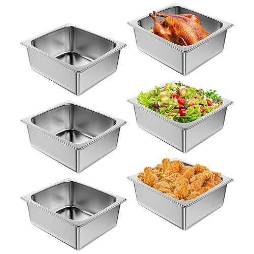 Half Size Hotel Pan 6 Inch Deep: 6 Pack [Anti-Jam] [Super Thicken] 1/2 Size Stainless Steel Steam Table Pan, Commercial Hotel Pan for Restaurant Catering Party - Poueer