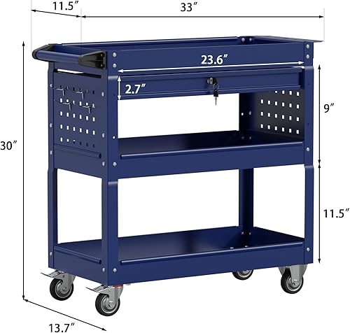 3 Tier Foldable Service Cart with Wheels, Rolling Collapsible Folding Utility Cart for Home, Office, Garage, and Warehouse (Red) - Poueer