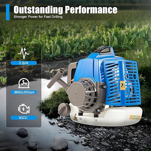 63CC 2-Stroke Gas Powered Earth Auger Post Hole Digger, 3HP Auger Post Hole Digger with 11.81' Drill, Earth Auger Gas Auger Fence Post Auger for Garden & Lawn Digging Planting Drilling (Blue) - Poueer