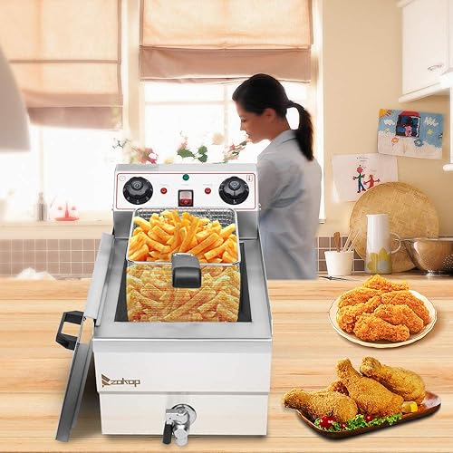 1700W Commercial Stainless Steel Deep Fryer 12.5QT with Oil Drain Faucet, 60-Min Timer & Thermostat Control - 8L Large Capacity for Restaurants/Home Use - Poueer