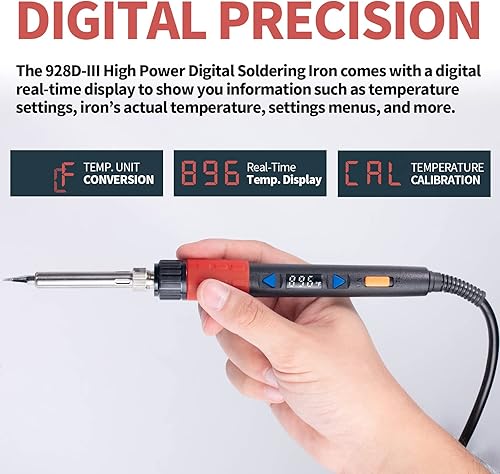 YIHUA 928D-III Soldering Iron,110W High Power, Fully Digital Display °F /°C- Temperature Control Soldering Tool, Accurate 194~896°F, with ON/OFF Switch, Iron Tip, Brass Wool, Automatic Sleep Mode - Poueer