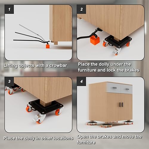 Furniture Dolly 5 Wheels Heavy Duty with Removable Side Guards,3307 Lbs Capacity,360° Rotating Wheels & Tail Brake,Furniture Movers Lifter Tool with Wheels for Appliances,Sofas,Beds,Pianos - Poueer