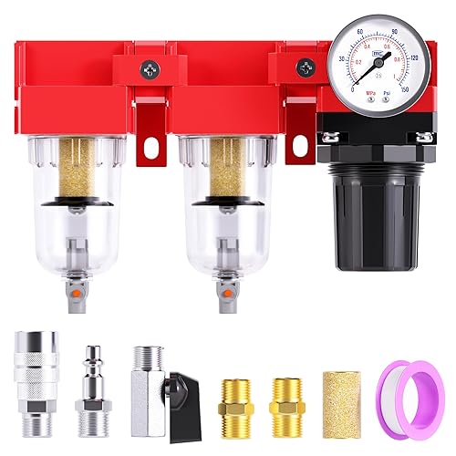 TAILONZ PNEUMATIC 1 Inch NPT 150PSI 3 in 1 Air Filter Pressure Regulator Combo Piggyback, Air Tool Compressor Filter, 5 Micron Filter Element(Manual Drainage) - Poueer