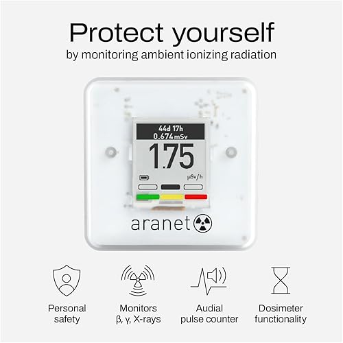 SAF Aranet Radiation Detector, Dosimeter, Portable, Measures Dose Rate & Total Dose of Ionizing Radiation, E-Ink Display, 4-Year Battery Life, Bluetooth Connection, Free App with Graphics & Alarm - Poueer