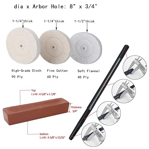 Woodworking Lathe Buffing System 16' #2MT Mandrel 3-Step Buffing Wheel Kits 8inch with 3pcs Polishing Cutting Compounds - Poueer