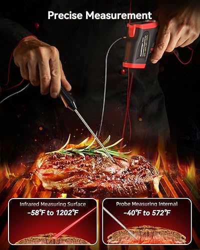 Infrared Thermometer Temperature Gun with Probe -58℉ to 1202℉, Digital Heat Surface Temp Gun, Non-Contact Laser Thermal Gun for Cooking Food, Barbecue Meat, Pizza Oven, Griddle (CM650) - Poueer