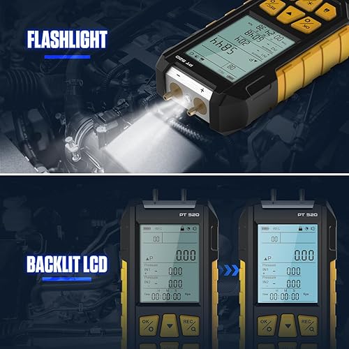 AUTOOL Manometer Gas Pressure Tester,Digital Manometer HVAC,11 Units Differential Dual Port Pressure Gauge -100 to 200Kpa,Data Zeroing with Backlight LCD Display - Poueer