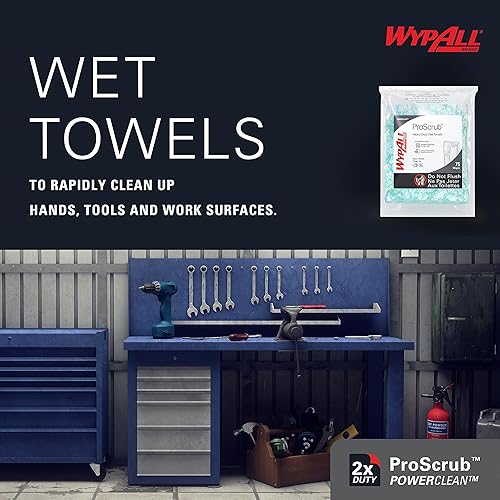 WypAll PowerClean ProScrub Heavy Duty Wet Towels (91371), Dual Action Cleaning, Large 9.5' x 12' Wipes, Bucket Included (6 Containers of 75 Sheets, 450 Sheet Total) - Poueer