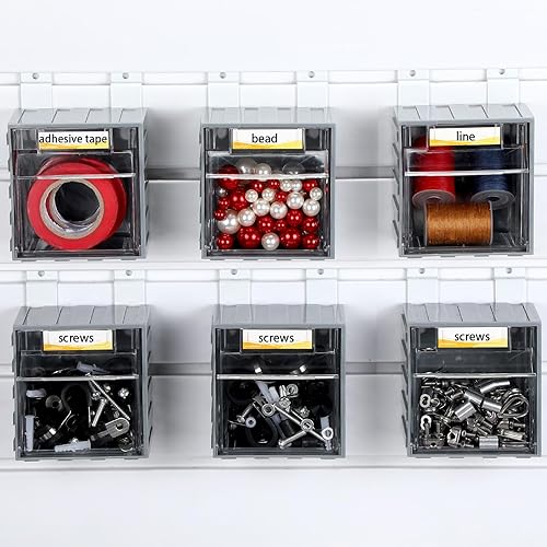 Huwena 6 Pack Slatwall Bins with Hooks Set Slat Wall Baskets Slatwall Tip Out Bin with Labels Wall Mount Containers Hanging Storage Organizer Accessories for Garage Work Room Panel Hardware - Poueer