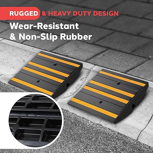 Pyle 1 Ft. Rubber Curb Ramp - Pack of 2 Heavy Duty Non-Slip Threshold Ramps for Driveways & Sidewalks, Yellow Reflective Strips, Marine Grade, Expansion Screws Included, 12.0’’x 16.0’’ x 2.6’’ Inches - Poueer